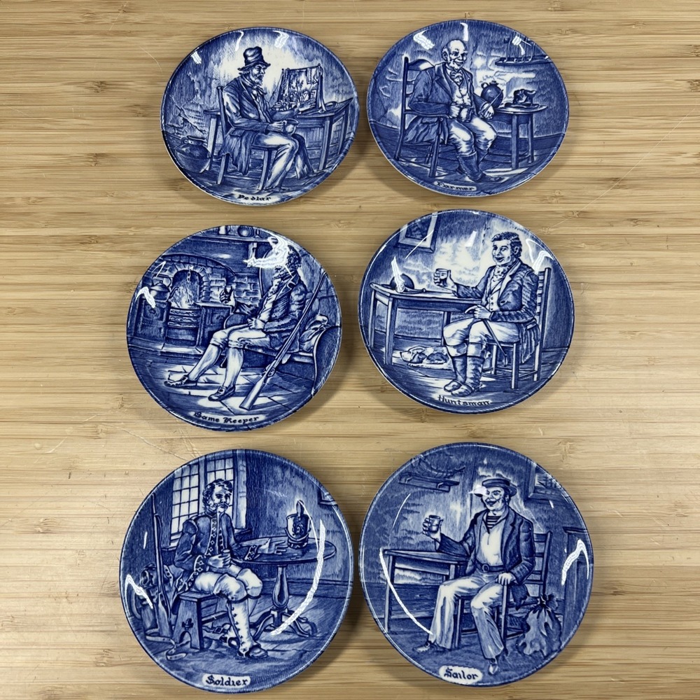 Old Chelsea Furnivals‎ England Set 6 Blue Transferware Mini Plates Coasters 4"